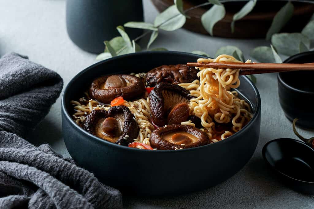 Shiitake mushrooms cooked in noodle dish