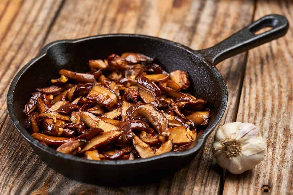 suateed mushrooms in cast iron skillet