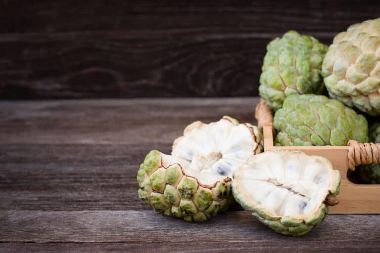 Cherimoya fruit cut open on a table
