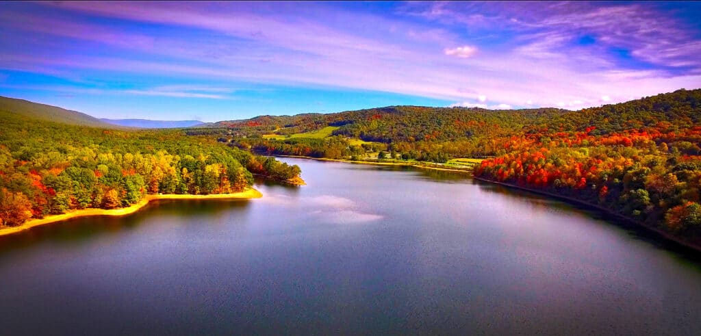 Lake Habeeb, surrounded by tall trees and lush greenery that make it a perfect escape.