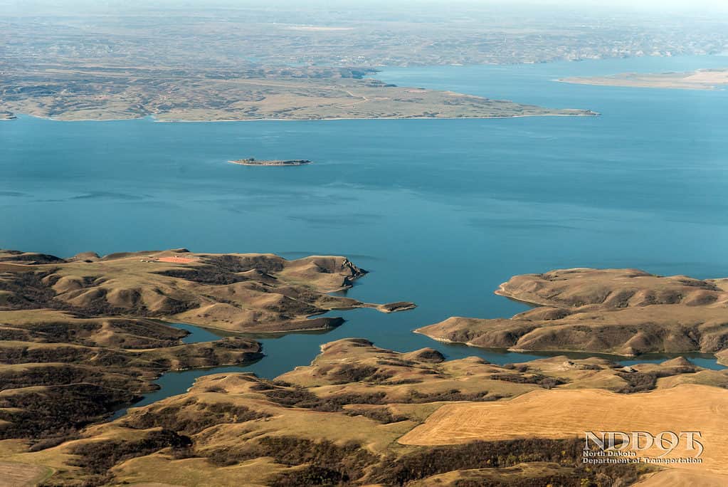 Lake Sakakawea, North Dakota, shown from an aeriel view of water and shoreline. 