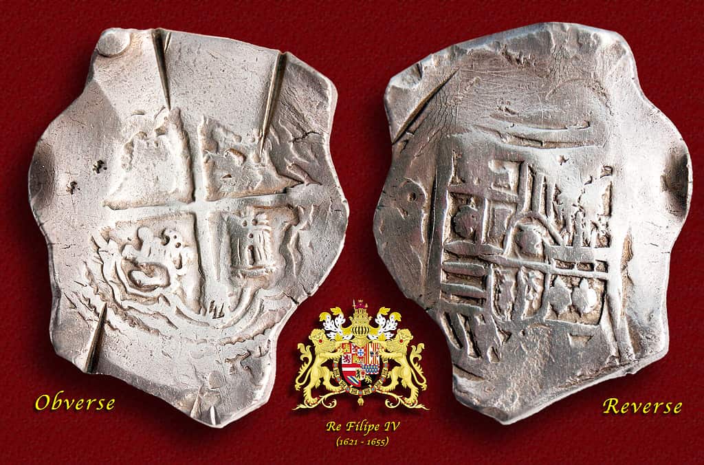 17th Century "Spanish Treasure" "Shield Type" Silver 8-Reales (Peso) Cob ("Macuquina") Coin marked with Spanish Royal Coat of Arms of Filipe IV (1621-1665) (illustrated) Minted in México City (Mint mark: "M" with small "o" above located to left of the shield of Filipe IV on reverse). 43mm x 37mm (irregular), 26.658 gm (0.941 oz) [Note: The legal weight for this denomination was 27.468 gm (0.970 oz); this coin is 0.810 gm (0.029 oz) short of that.] Fineness: 930.5.