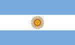 The flag of Argentina is composed of three equally wide horizontal bands colored light blue and white with the Sun of May in the center.