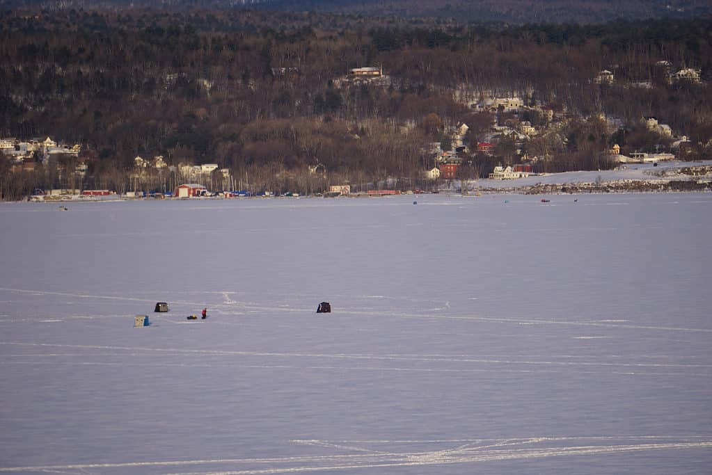 Ice fishing on Lake Champlain.