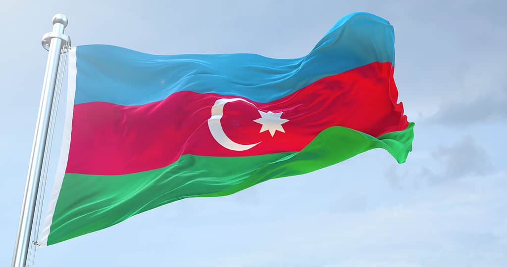 The flag of Azerbaijan waving in the wind