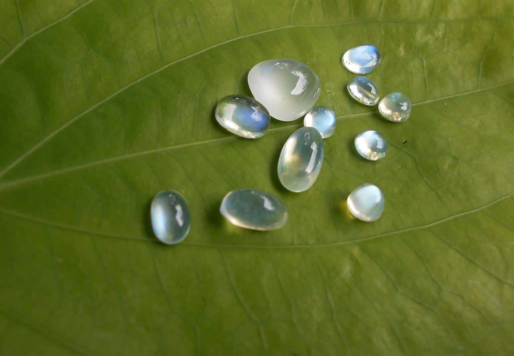 Moonstone gemstones are often oval-shaped with bluish hues.