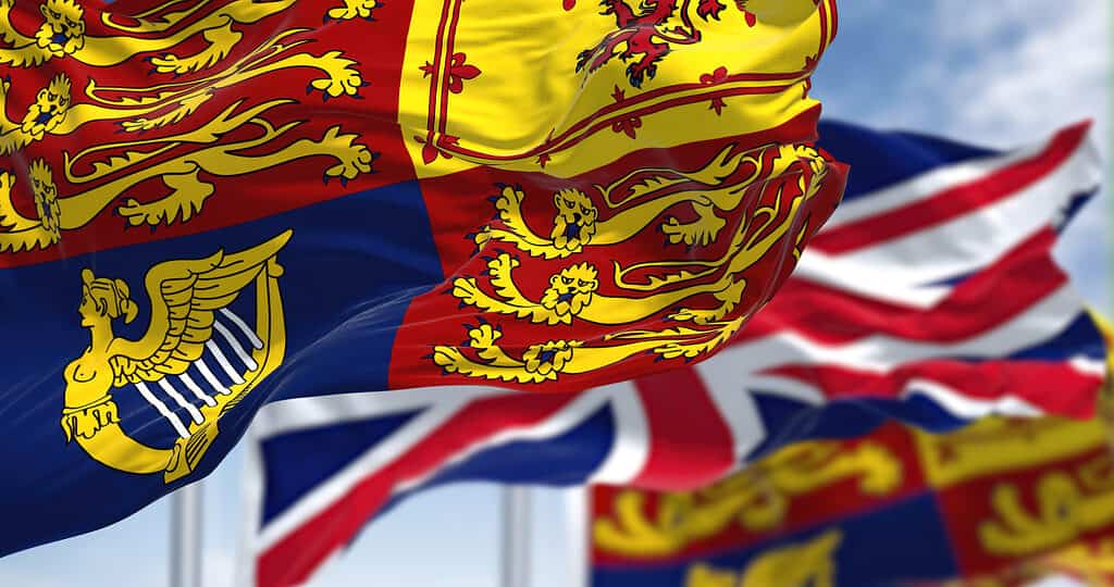 The Royal Standard flag of the United Kingdom waving in the wind