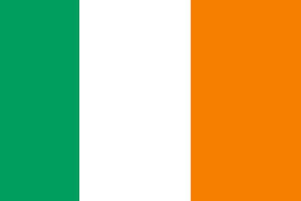 The flag of the Republic of Ireland is a rectangular flag divided into three wide vertical stripes in green, white, and orange, with the green stripe always flown closest to the flag pole.