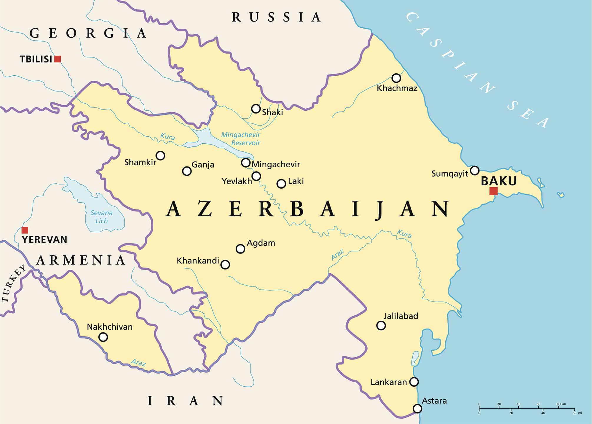Map of Azerbaijan and surrounding areas.
