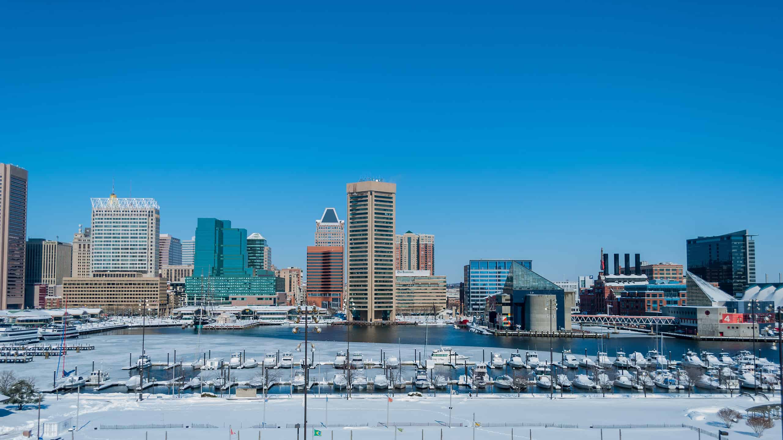 Baltimore Maryland harbor in the snow