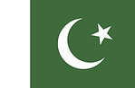 The flag of Pakistan has a green field with a large white crescent and star, with the hoist end having a vertical white stripe. 