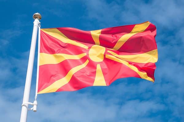 The Macedonian flag waves proudly.