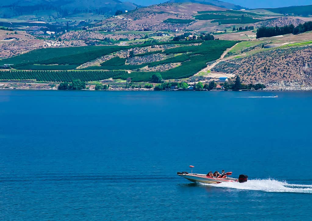 Speed boat cruising on Lake Chelan in Washington.