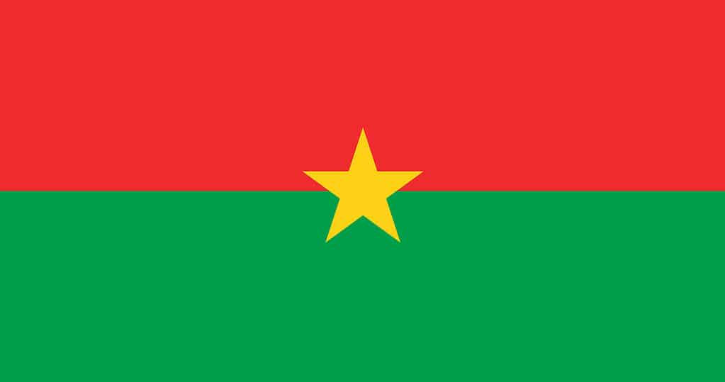 National flag of Burkina Faso. Horizontally striped red-green with a central yellow star. Official colors. Proper proportions. Full size.
