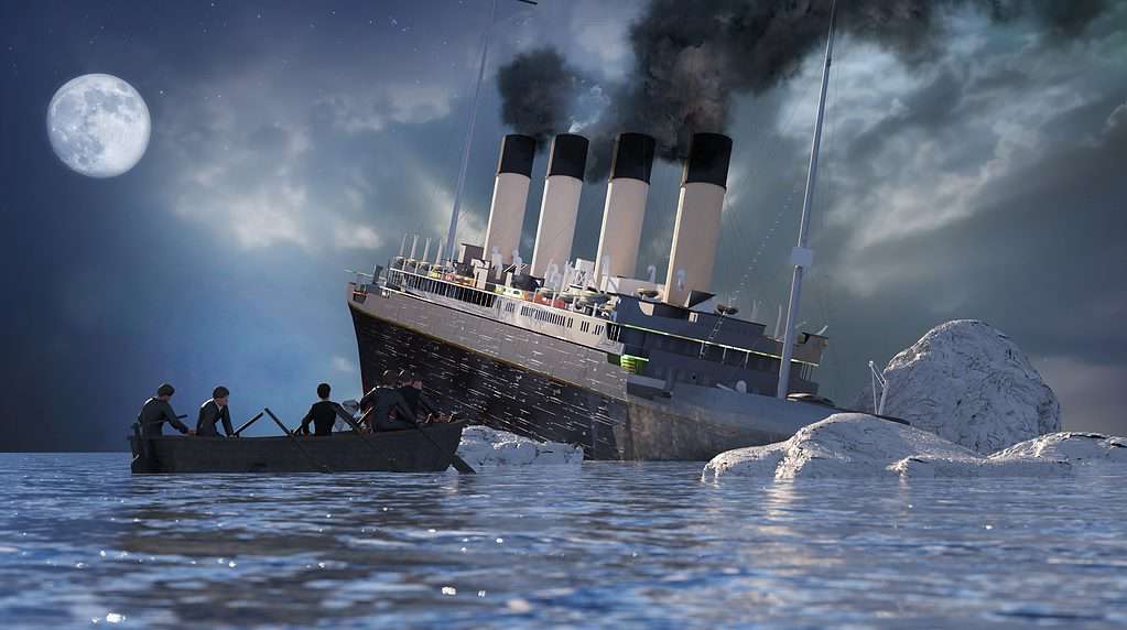 Digital recreation of the Titanic sinking with lifeboat in foreground