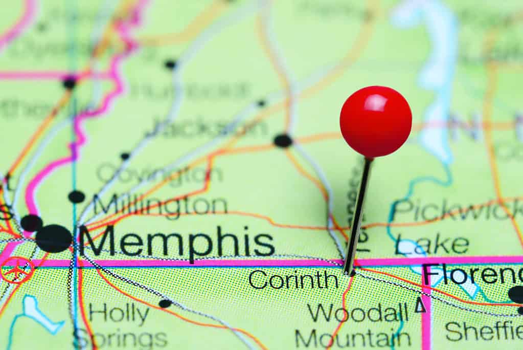Corinth pinned on a map of Mississippi, USA