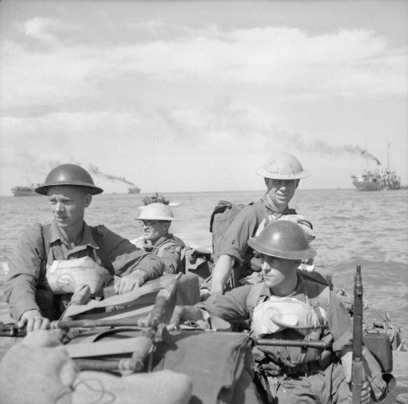 British troops making their way to Ramree Island in 1945.
