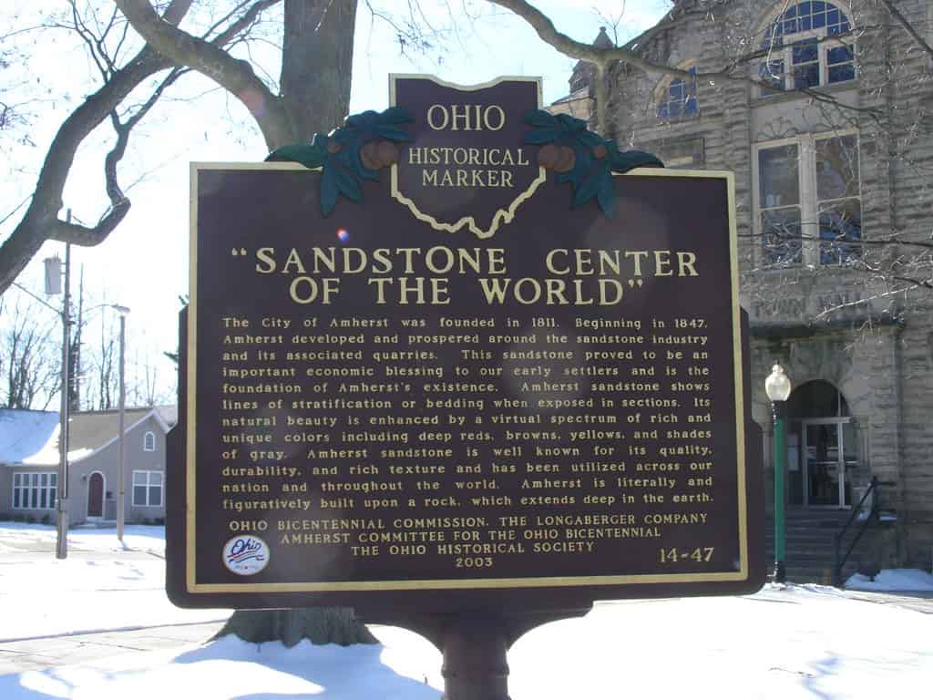 Sandstone Center of the World historic marker in Amherst, Ohio.