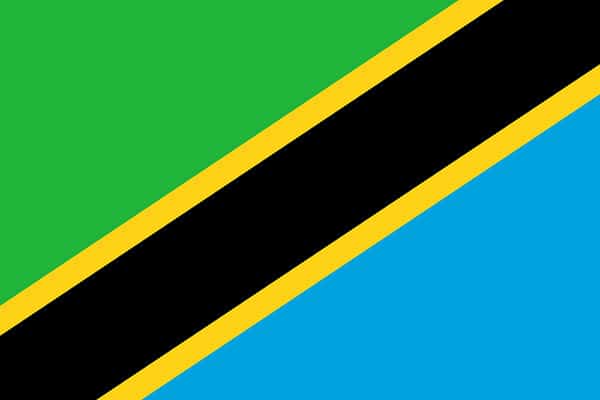 The flag of Tanzania has a diagonal black stripe running across the center bordered by narrower golden stripes above and below.