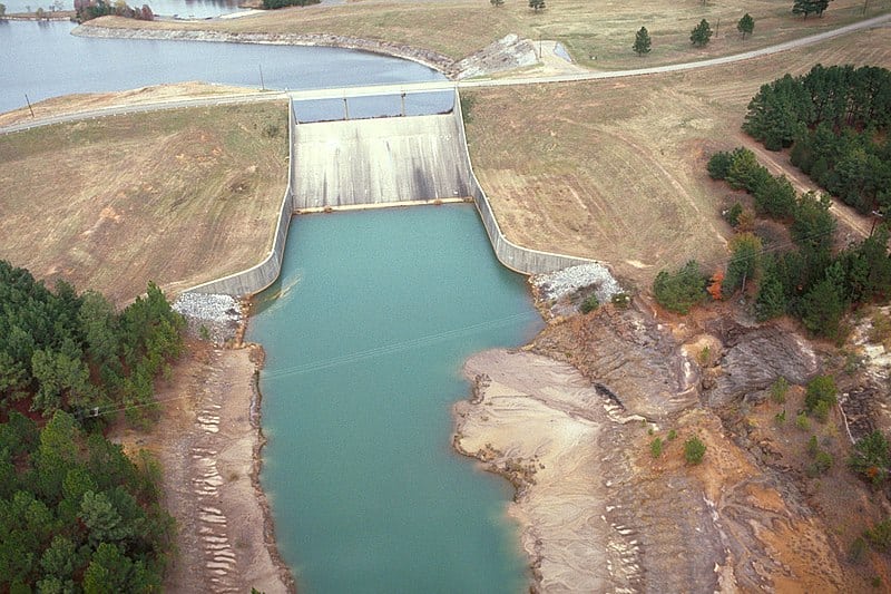 The spillway at Ferrells Bridge Dam, impounding Lake O’ the Pines.
