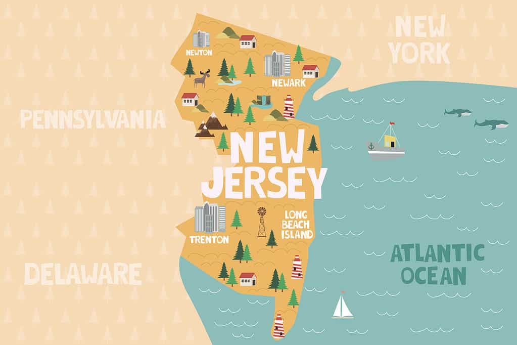 Carte de l'état du New Jersey et des régions avoisinantes