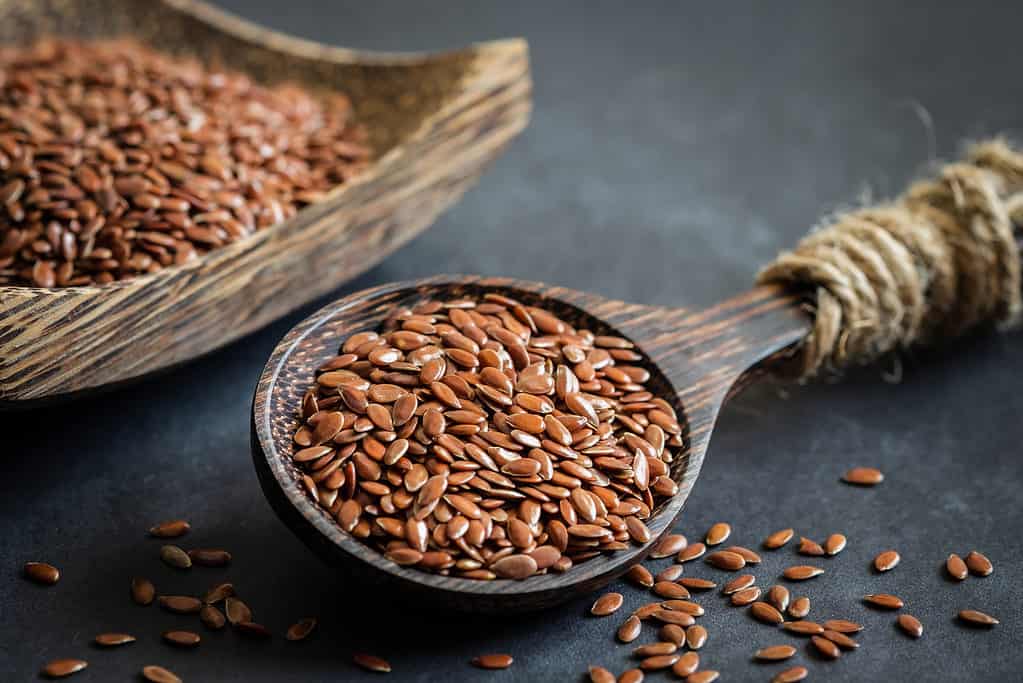 Flax seeds on wooden spoon