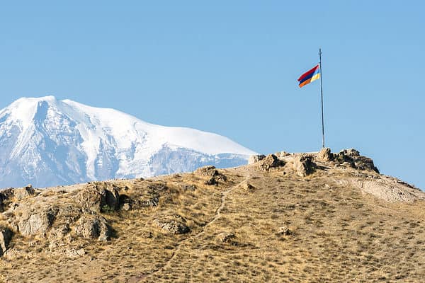 Armenian flag in Khor Virap with Mt Ararat in the background