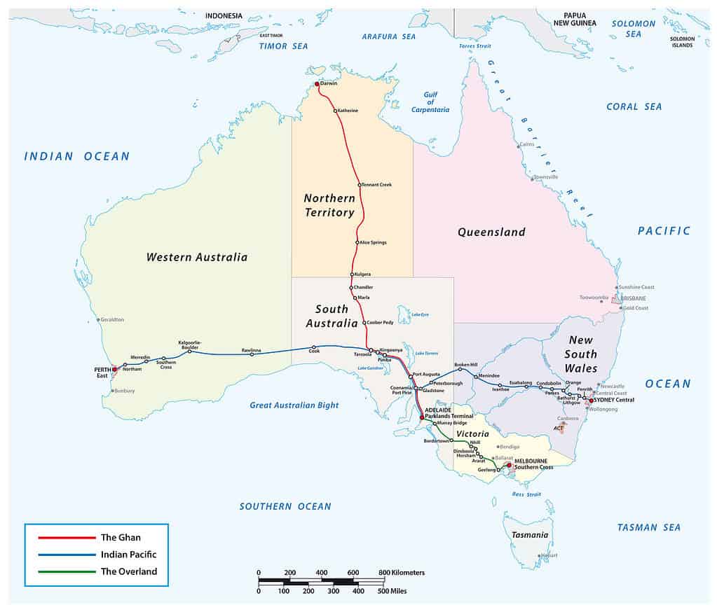 Sơ đồ tuyến của ba chuyến tàu từ xa của Úc The Overland, Indian Pacific, The Ghan