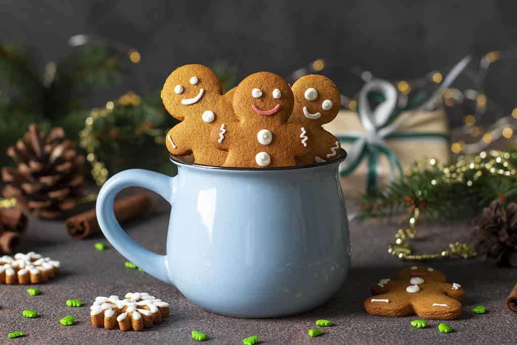 Bánh quy gừng tự làm dưới dạng những người đàn ông bánh gừng tuyệt vời và cây thông Noel trong chiếc cốc màu xanh trong bố cục năm mới
