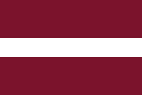 The flag of Latvia consists of a carmine red field (background) divided horizontally by a narrow white stripe. The flag's width-to-length ratio is 1 to 2.