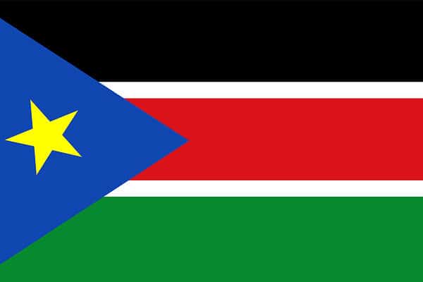 The flag of South Sudan consists of green, red, and black horizontal stripes. It also holds thin white stripes and a blue triangle on the left side of the flag, with a yellow star in the middle of the triangle.