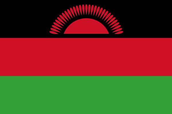 Malawi's flag is a horizontal triband of green, red, and black colors, featuring a half-sun with 31 rays on the black stripe.