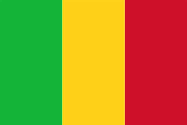 The flag of Mali is a tricolor with three equal vertical stripes. From the hoist the colors are green, gold, and red.
