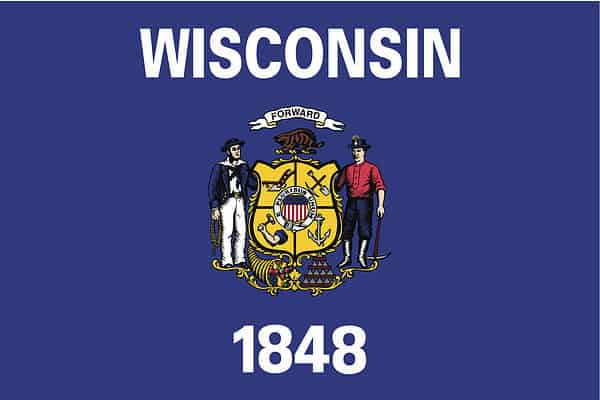 Wisconsin's flag consists of a dark blue field with a central coat of arms, the name of the state, and the date 1848, when it was admitted into the Union.