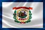 The flag of West Virginia consists a white field with a blue border surrounding the edges. The flag's center houses the state's coat of arms and on top of this seal is a ribbon with 