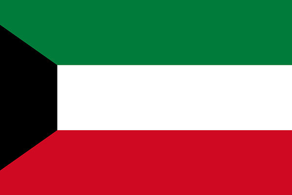 The flag of Kuwait has green, white, and red horizontal stripes with a black trapezoid on the hoist side.