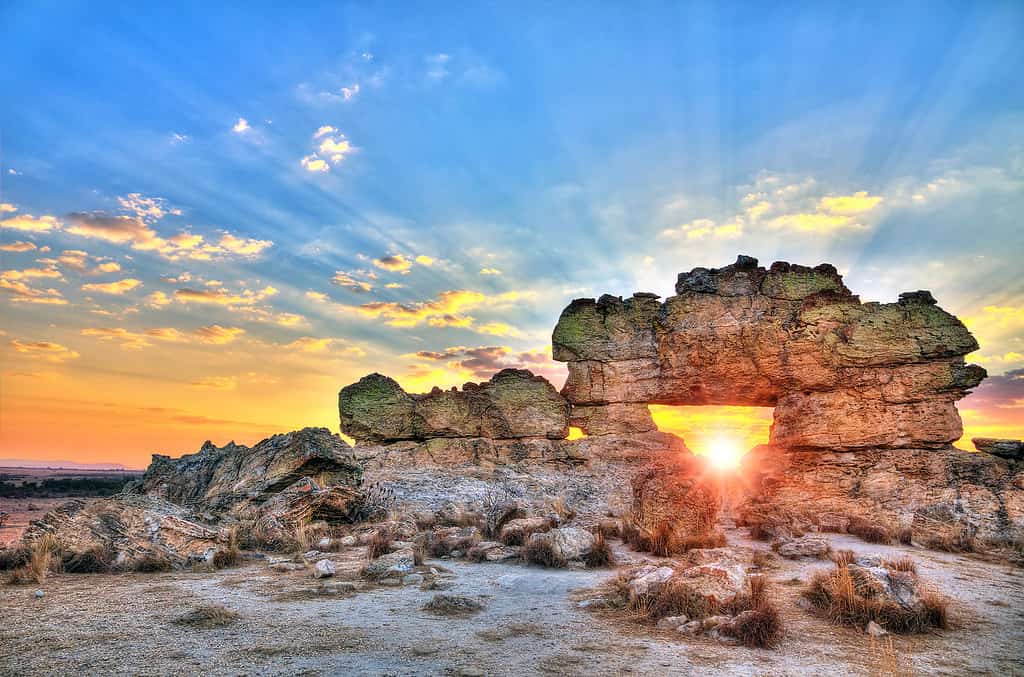 Sunset at the famous rock formation 'La Fenetre' near Isalo, Madagascar