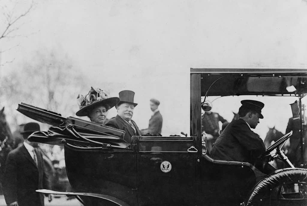 First Lady Helen Taft, pictured here in a convertible with her husband, President William Howard Taft, was the original visionary for what would become Washington, DC's iconic cherry trees.