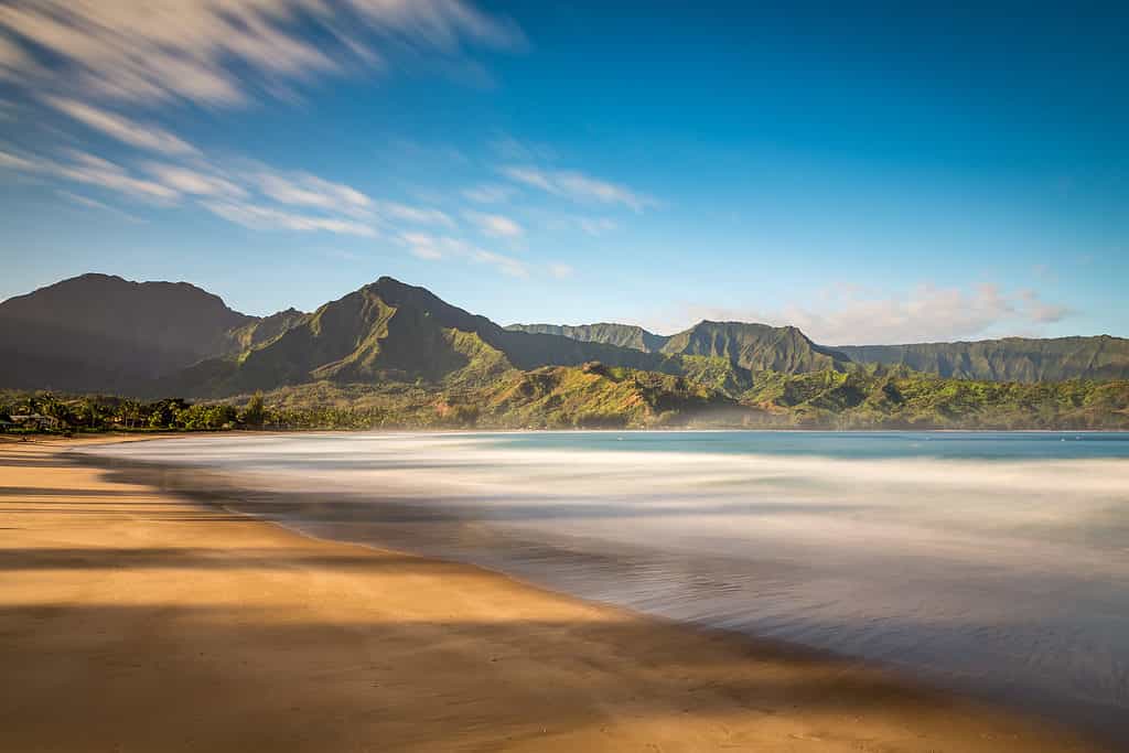 A scenic view of Hanalei Bay beach on the island of Kauai in Hawaii.