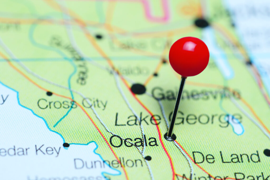 Ocala pinned on a map of Florida, USA