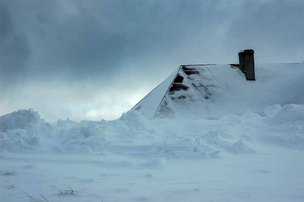 Building buried in snow after storm