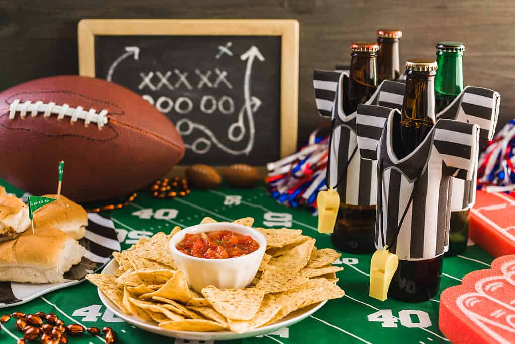 Game,Day,Football,Party,Table,With,Beer,,Chips,And,Salsa.