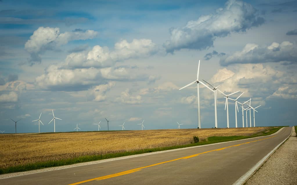 Wind turbines on a farm in Iowa on a cloudy day