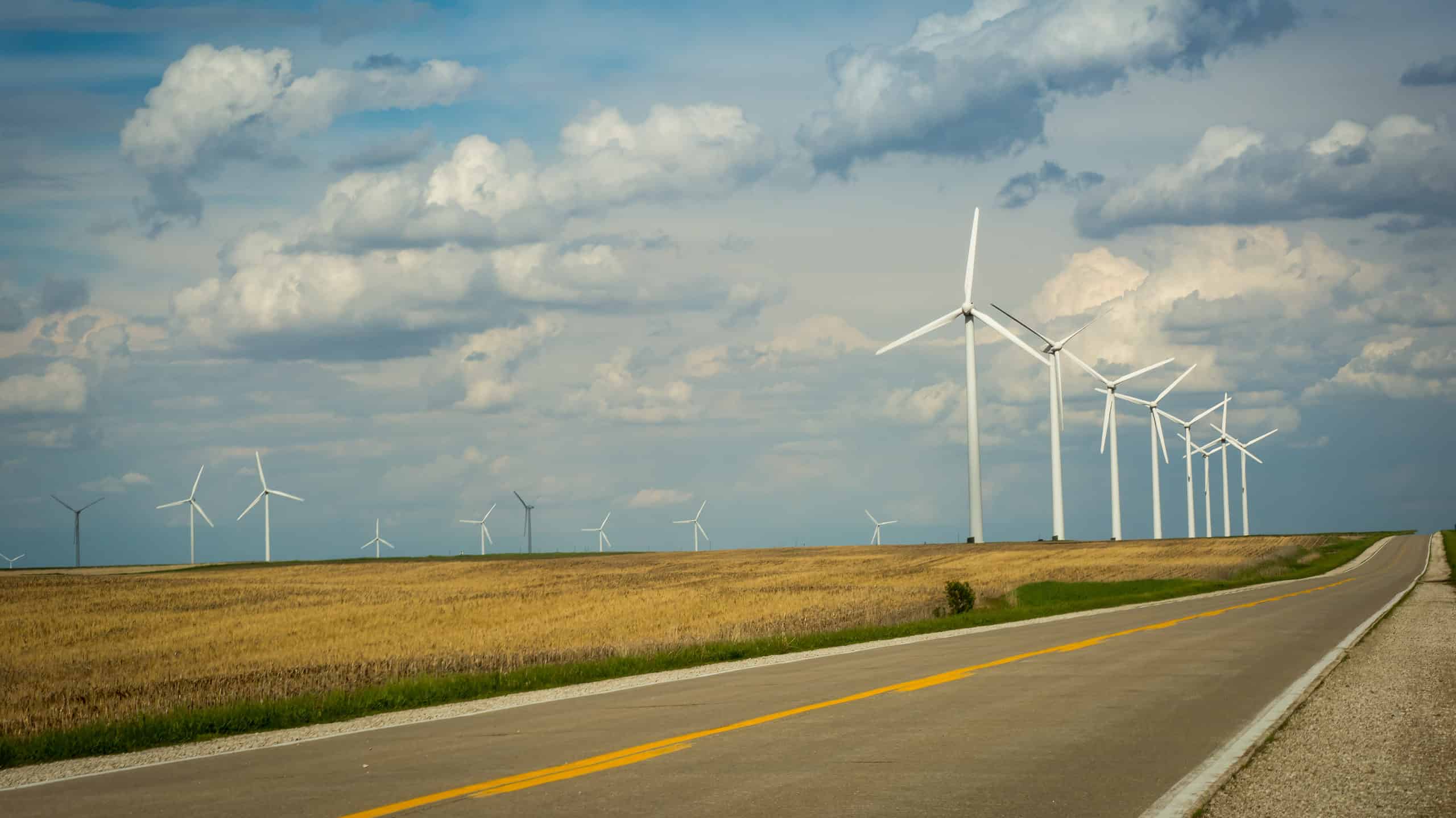 Wind turbines on a farm in Iowa on a cloudy day