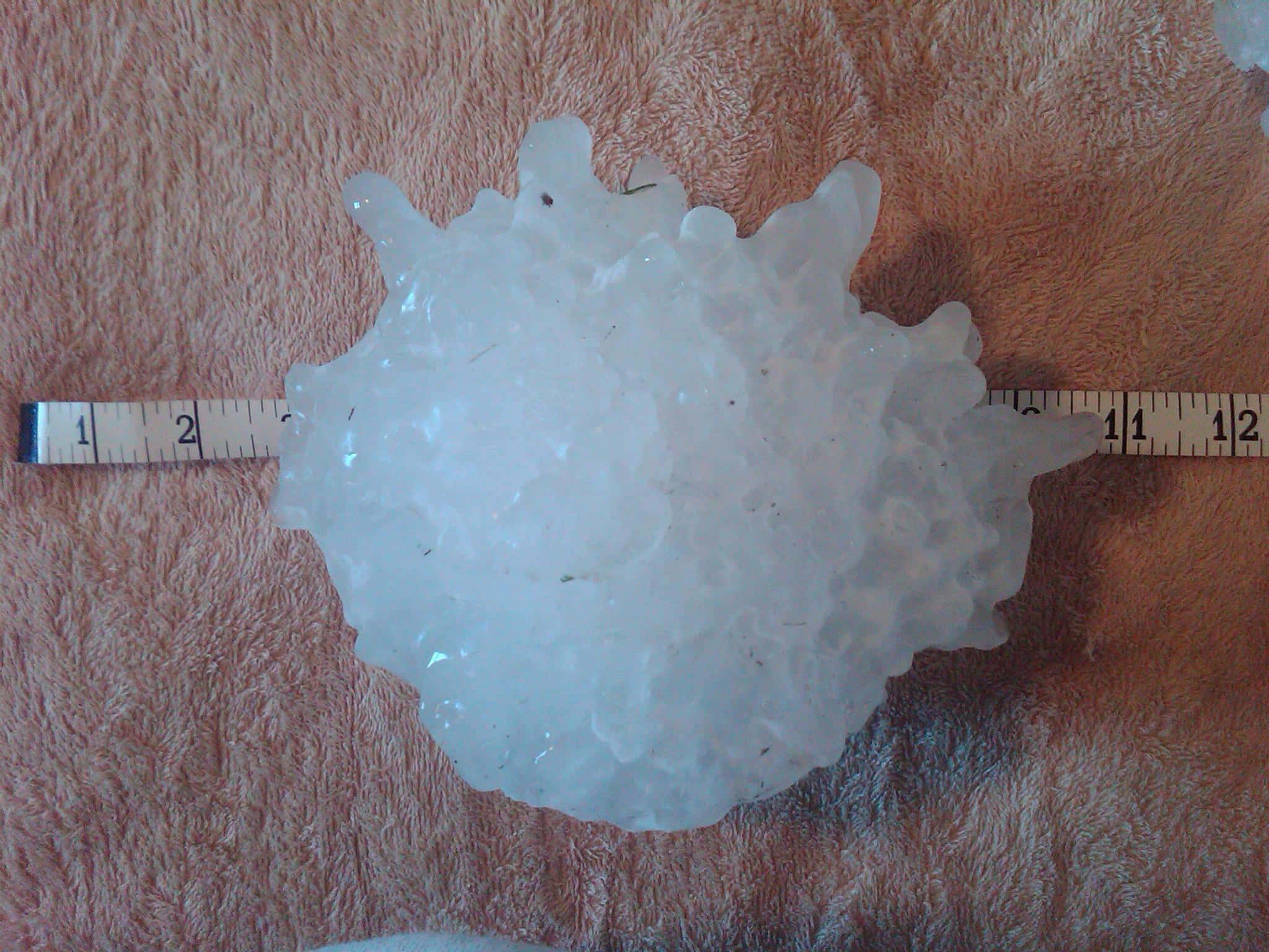 A record-setting hailstone that fell in Vivian, South Dakota on July 23, 2010. The hailstone broke the United States records for largest hailstone by diameter (7.9 inches) and weight (1 pound 15 ounces).