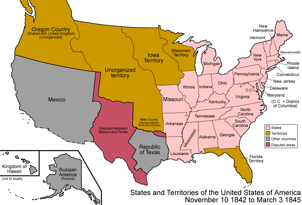 United States Map of States and Territories - 1842-1845