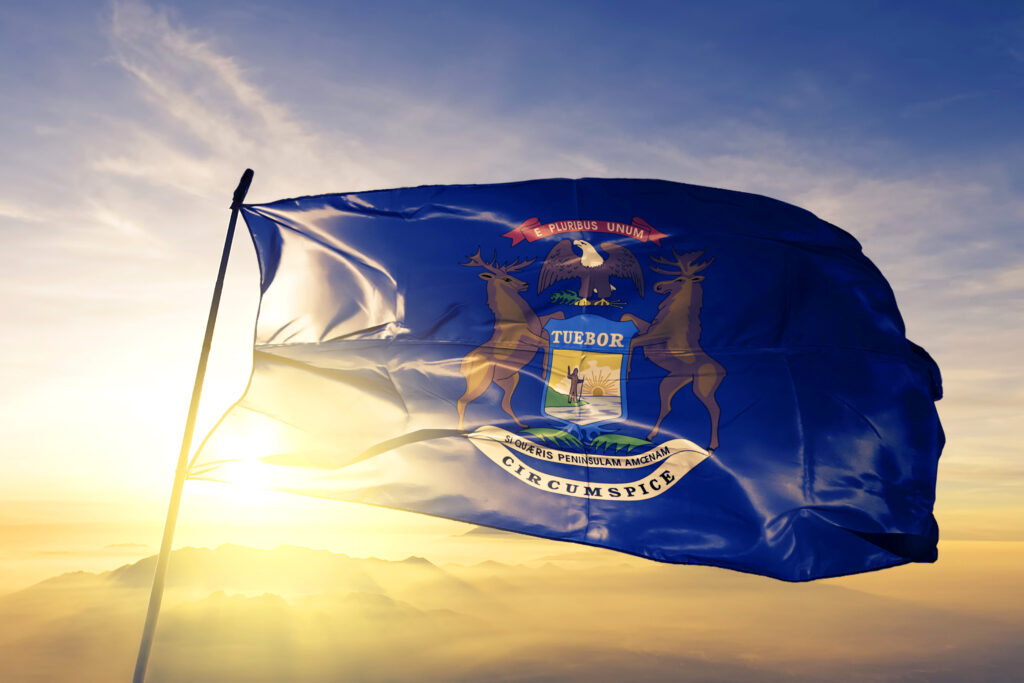 Michigan flag with a sunset behind it