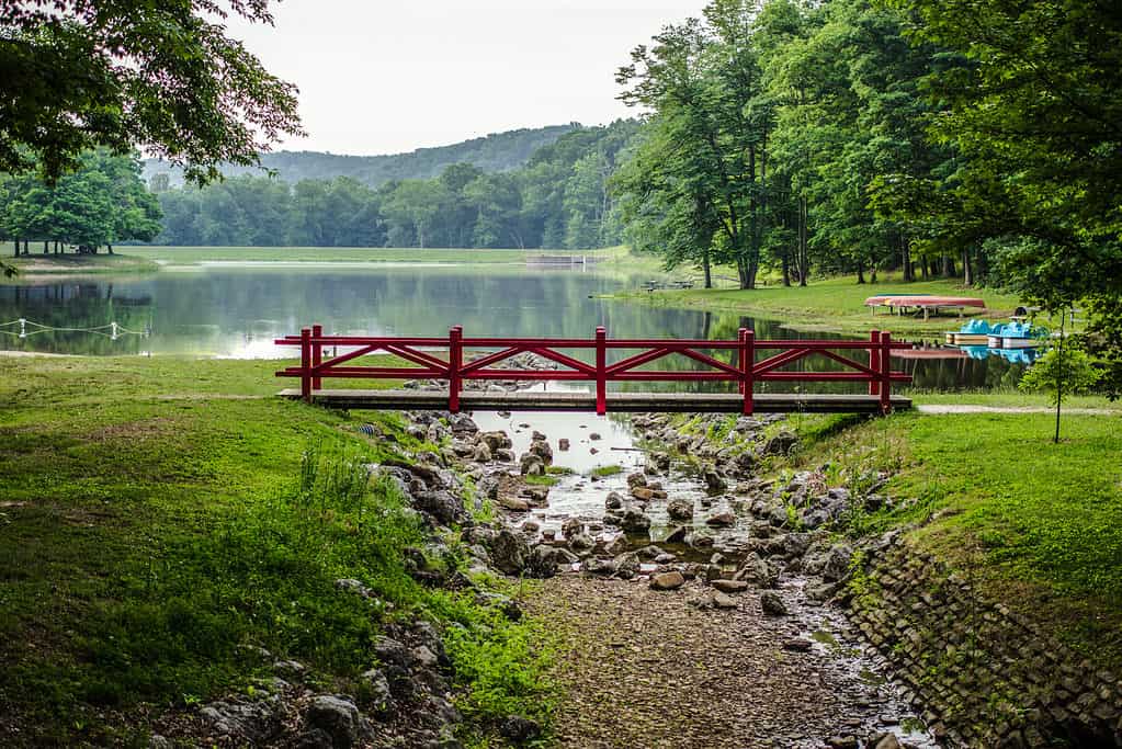 Picnic table on a small island surrounded by a green forest landscape reflecting in the water at Scioto Trail State Park in Chillicothe Ohio.