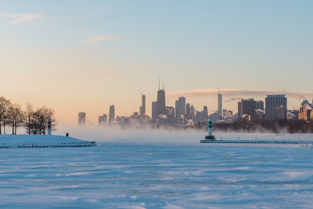 Sunrise photos of the historic 2019 Polar Vortex weather event in Chicago, Illinois.