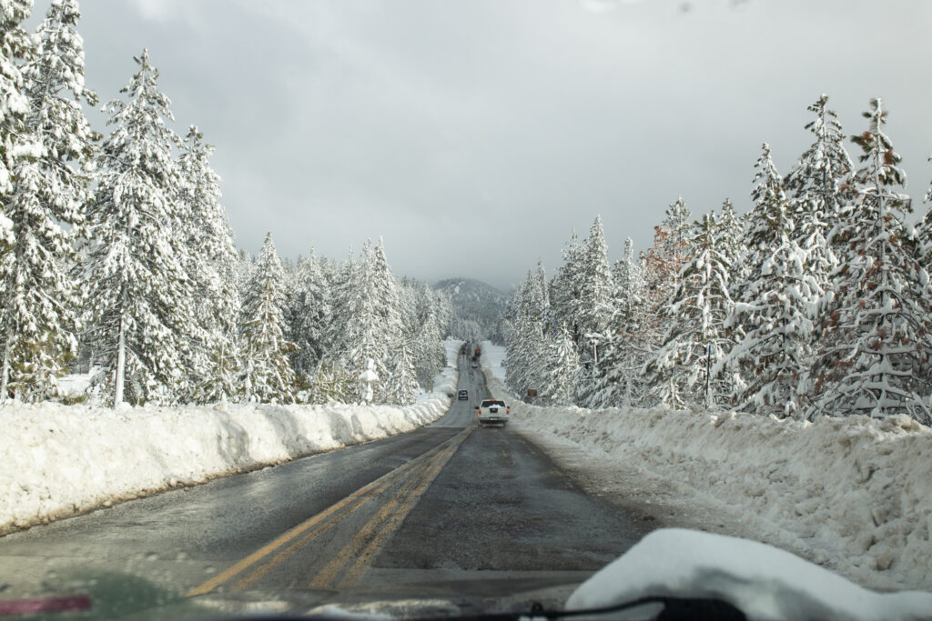 A snow covered road in Lake Tahoe, California